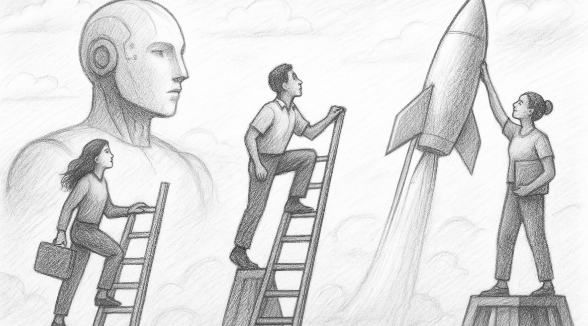 A black-and-white pencil sketch showing people climbing ladders and reaching toward a rocket, symbolizing equitable launchpads in an AI-driven workforce.