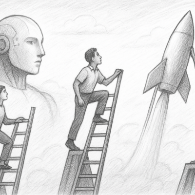 A black-and-white pencil sketch showing people climbing ladders and reaching toward a rocket, symbolizing equitable launchpads in an AI-driven workforce.