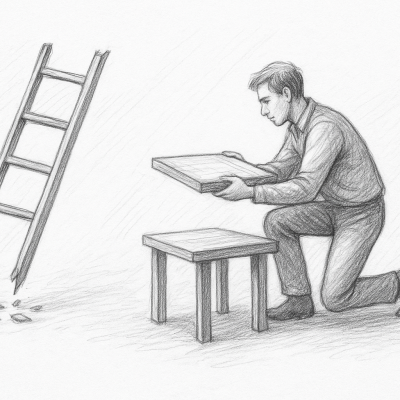 Illustration of a man turning a broken ladder into a platform, symbolizing new career growth systems replacing outdated ladders.