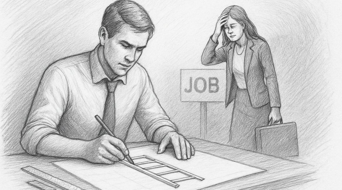 A man carefully designing a ladder while a woman searches for jobs, symbolizing the shift from hiring talent to building readiness.