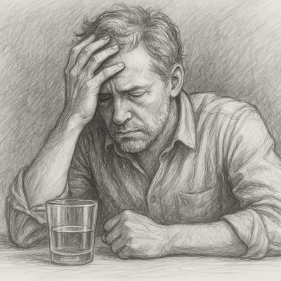 How to Decode the Hidden Message Behind Your Alcohol Cravings 4 Sketch of a weary man sitting alone with his head in his hand, staring at a glass. His expression reflects deep inner conflict, capturing the raw emotional weight of a craving