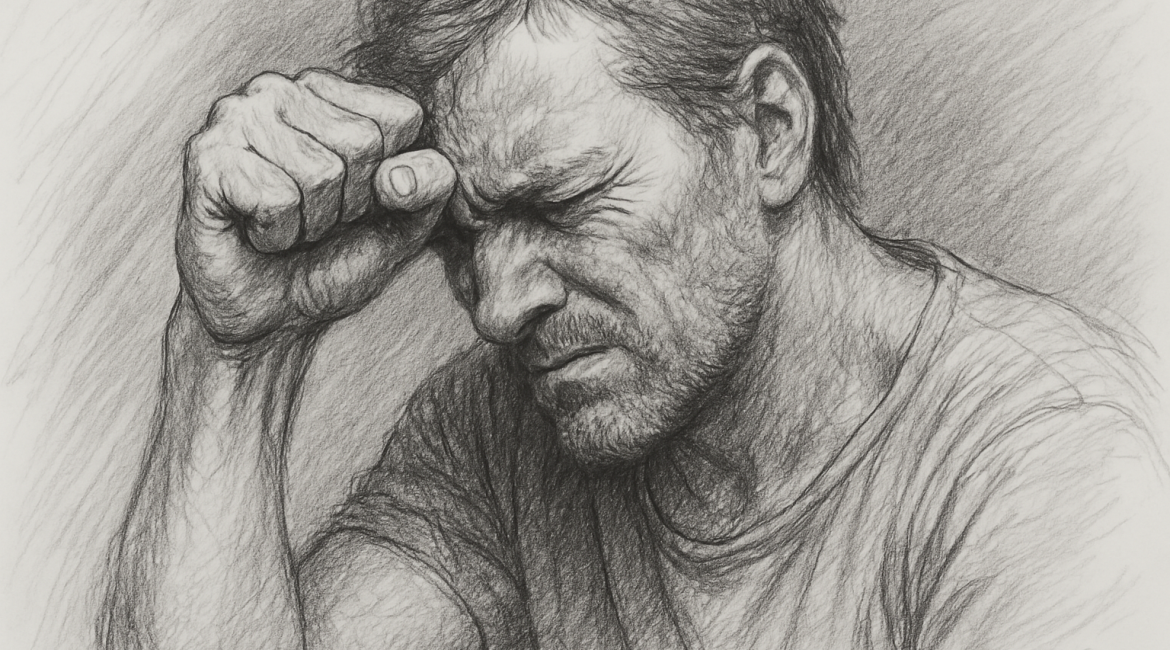 Illustration of a distressed man with his fist pressed to his forehead, capturing the emotional struggle of addiction and the inner turmoil of trying to resist cravings through willpower alone.