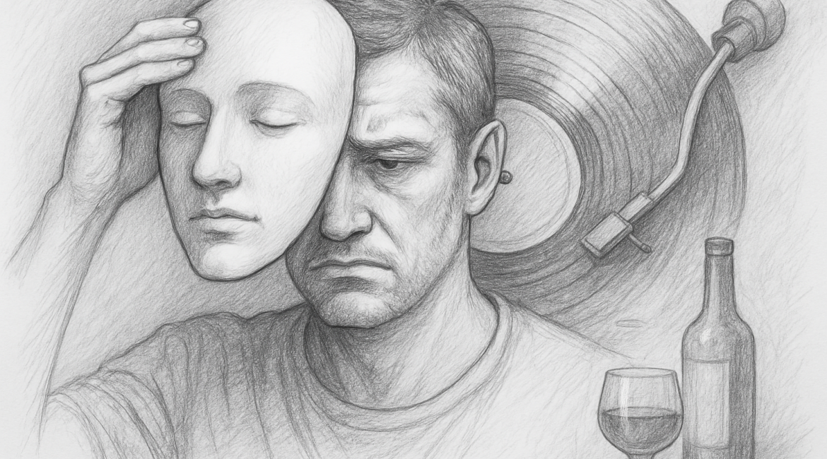 A man removes a mask, revealing a troubled face, with a vinyl record and alcohol nearby—symbolizing the loop of cravings.