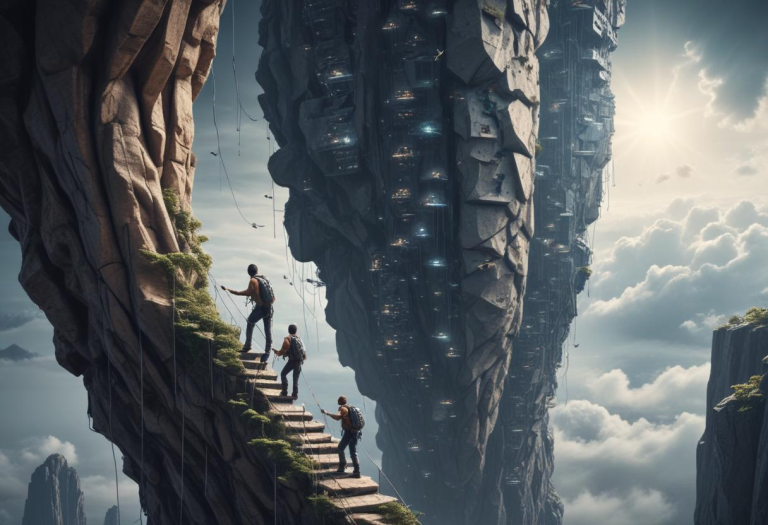 Image of people climbing into the future, guided by human resilience alongside artificial intelligence.
