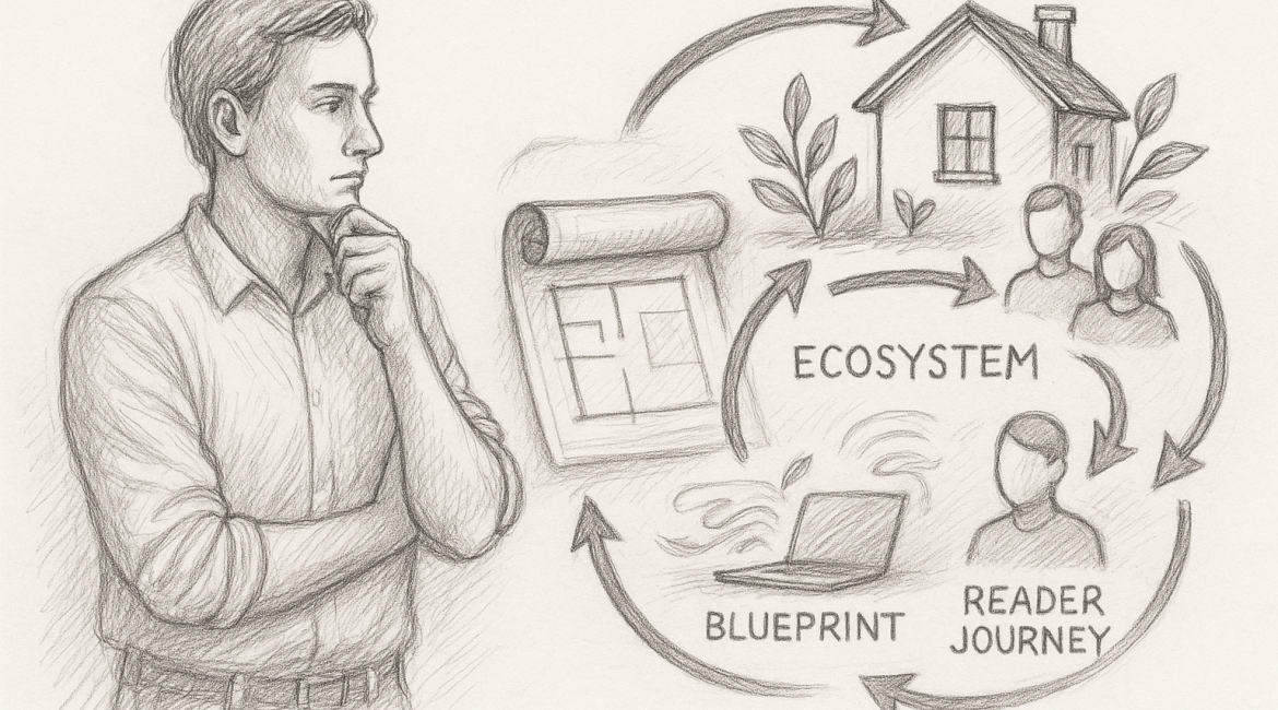 Beyond the Book: Designing an Ecosystem That Grows With You 1 A thoughtful person observing a visual ecosystem diagram, featuring a blueprint, a house, and interconnected elements representing the journey from book to business growth.