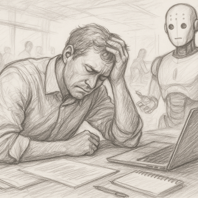 The illustration shows a stressed-out sales rep slumped at his desk, surrounded by paperwork and a laptop, while an AI robot calmly stands nearby.