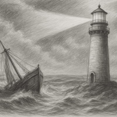 A black and white pencil sketch of a lighthouse shining over a stormy sea, guiding a struggling ship — symbolizing clarity and purpose amid the chaos of hustle culture.