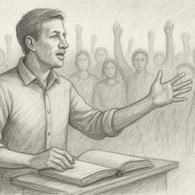 Sketch of an author passionately speaking to a crowd, symbolizing the transformation of a book into a movement.