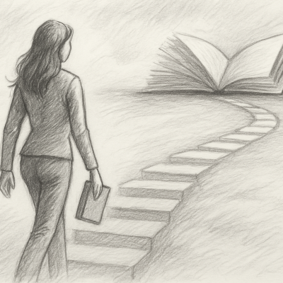 A woman walks a winding path of steps toward an open book, symbolizing the intentional journey from reader discovery to aligned client connection.