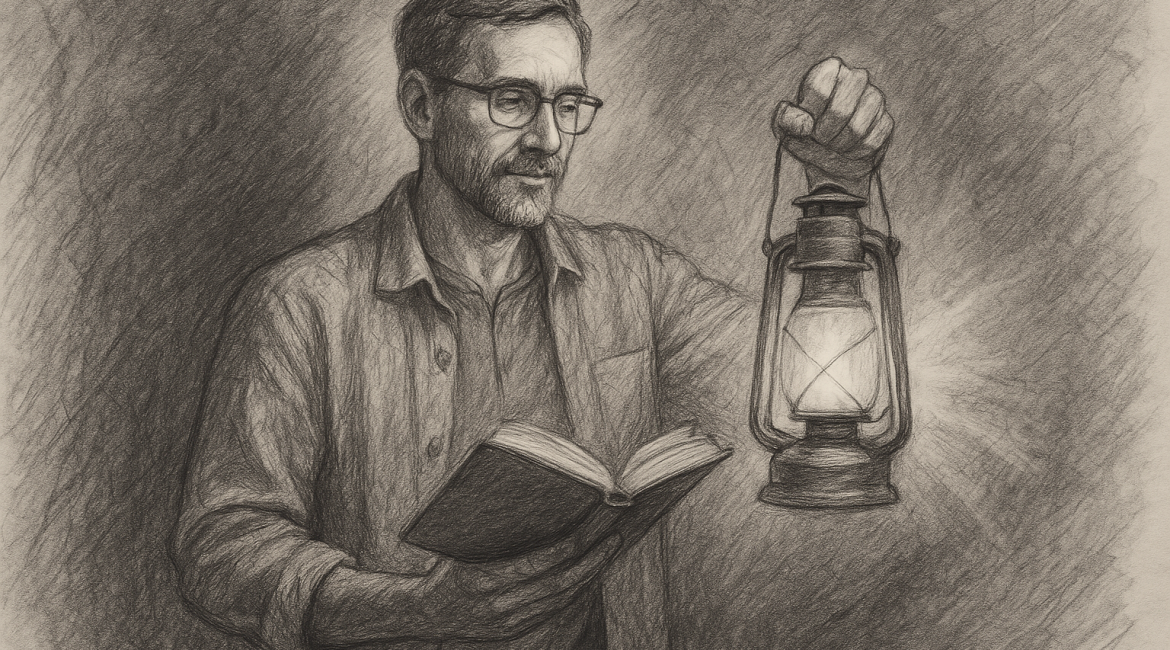 Sketch of an author holding a lantern and a book, symbolizing how a book sparks transformation, but true impact begins through soulful offerings.