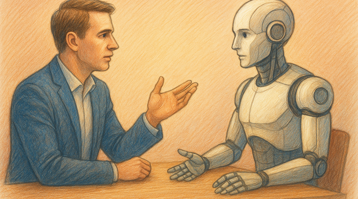 Why AI Taking Your Old Job Makes You More Valuable Than Ever 1 Illustration of mentor interpreting AI insights for human decision-making.