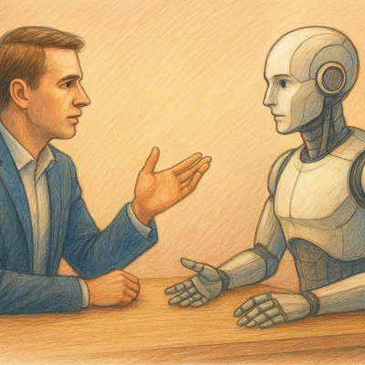 Illustration of mentor interpreting AI insights for human decision-making.