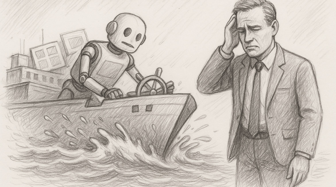 A pencil sketch shows a worried businessman watching a robot steering a sinking ship, symbolizing how AI tools alone can’t fix broken revenue systems without systems thinking.
