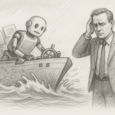 A pencil sketch shows a worried businessman watching a robot steering a sinking ship, symbolizing how AI tools alone can’t fix broken revenue systems without systems thinking.