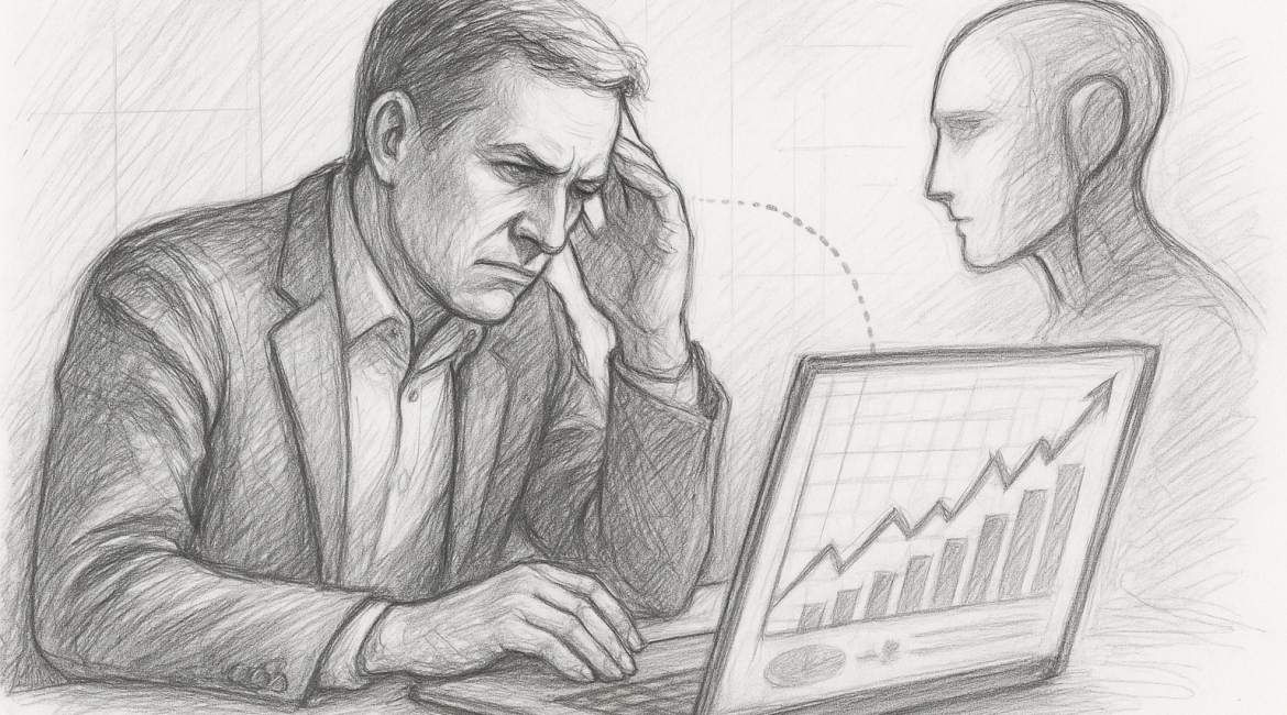 A pencil sketch shows a tense businessman analyzing sales data on his laptop, while an AI figure observes silently.