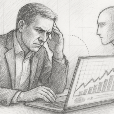 A pencil sketch shows a tense businessman analyzing sales data on his laptop, while an AI figure observes silently.