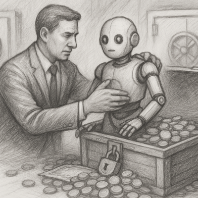 A black-and-white pencil sketch shows a businessperson gently guiding a robot rising from a treasure chest filled with coins, symbolizing the AI-powered revival of dormant sales leads.