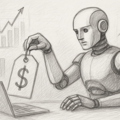 A pencil sketch shows a humanoid robot adjusting a price tag while analyzing data on a laptop, symbolizing AI-driven, real-time pricing optimization in modern business strategy.