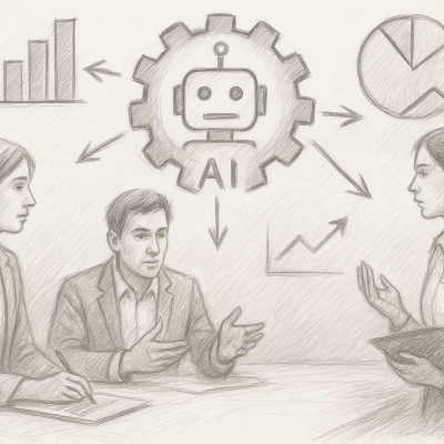 Illustration shows three business professionals collaborating around a table, with a central AI symbol connecting them to charts and graphs.