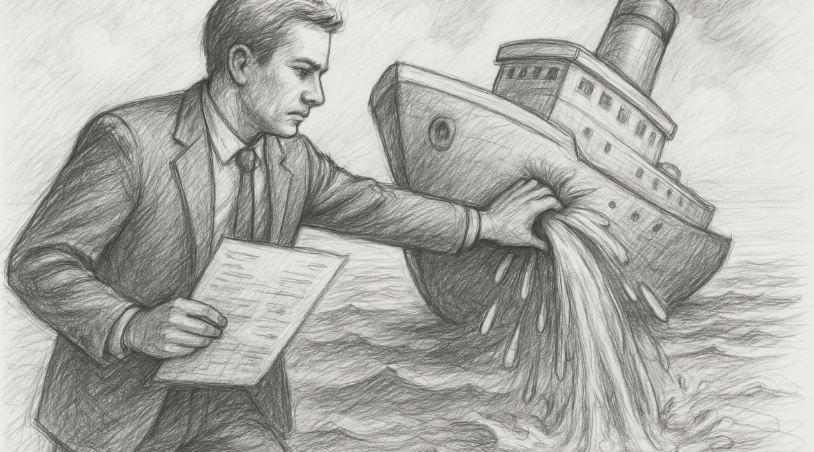 Illustration of a businessman plugging a leaking hole in a ship’s hull with his hand while holding a document, symbolizing the prevention of financial losses.