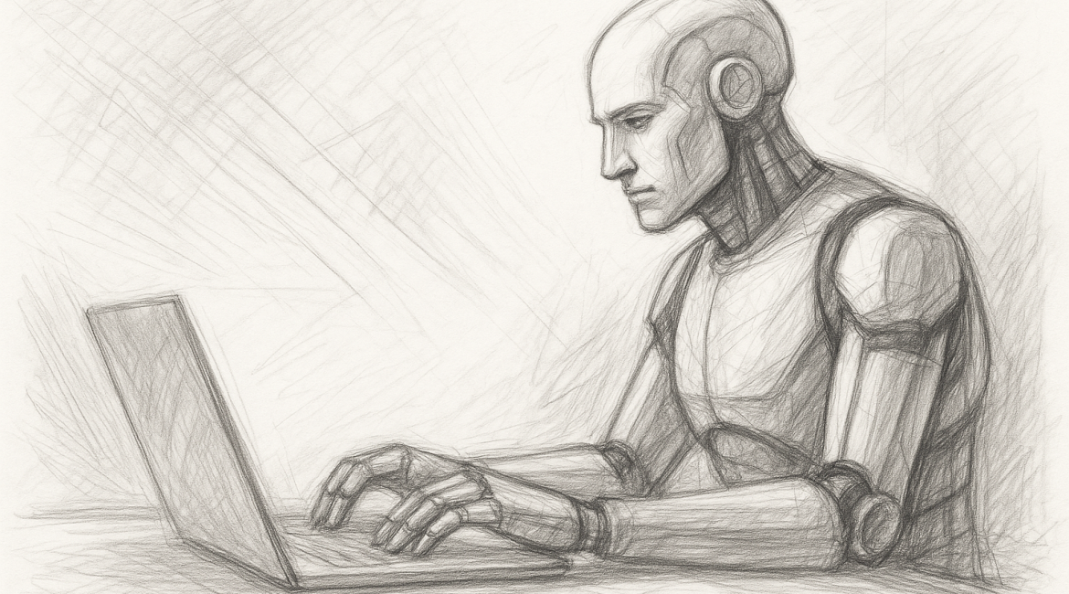 Why AI Is the New Growth Team 1 Illustration of a humanoid robot intently working on a laptop, symbolizing AI as a focused, reliable member of the modern growth team.