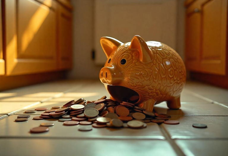 A cracked piggy bank slowly leaking coins onto the floor.