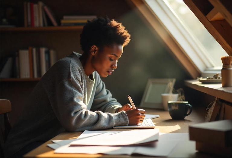 Image of a figure leaning into their writing, surrounded by blank pages and quiet intensity.