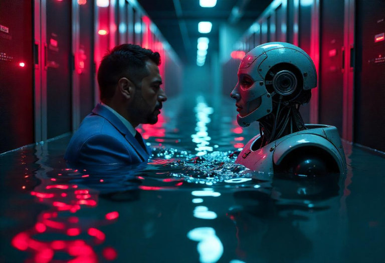 Businessman and robot caught in a failing voyage, representing how fragmented data and workflows sink performance.