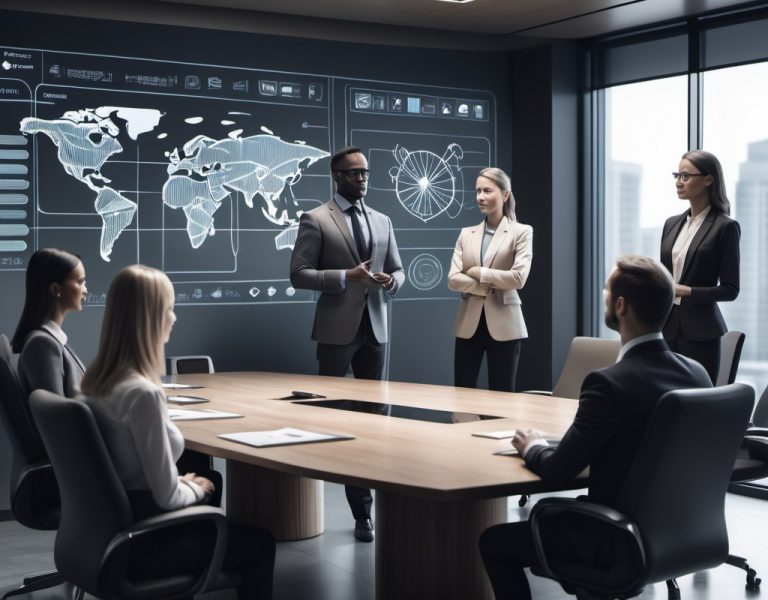 A confident business leader standing at a boardroom table, engaging with a diverse team while a digital screen displays AI-powered business insights